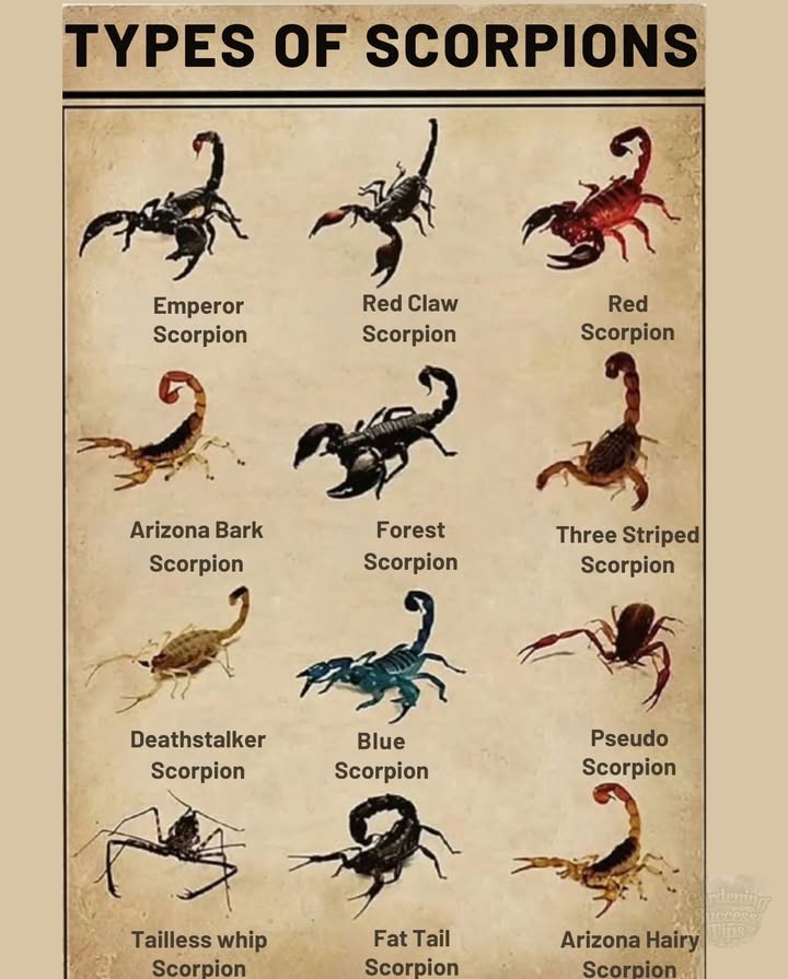 廬 Types of Scorpions Around the World!
 Emperor Scorpion
 Large, black, and gentle
 Shiny exoskeleton

 Red Claw Scorpion
 Like the Emperor, but with red pincers

 Red Scorpion
 Bright red
 Some are medically significant

 Arizona Bark Scorpion
 Small & light brown
 Most venomous in the U.S.

 Forest Scorpion
 Black and lives in humid forests

 Three-Striped Scorpion
 Has 3 dark stripes
 Mild sting

 Deathstalker
 Pale yellow-green
 Highly venomous

 Blue Scorpion
 Rare & blue-colored
 Being studied for medicine

荒 Pseudoscorpion
 Tiny, no tail
 Harmless pest-eater

 Tailless Whip Scorpion
 No sting, long whip legs
 Totally harmless

裡 Fat-Tailed Scorpion
 Thick tail
 Very dangerous

倫 Arizona Hairy Scorpion
 Big & hairy
 Mild sting

 Stay Safe!
Look, dont touch  especially in venomous regions.
Call a pro if you find one indoors!