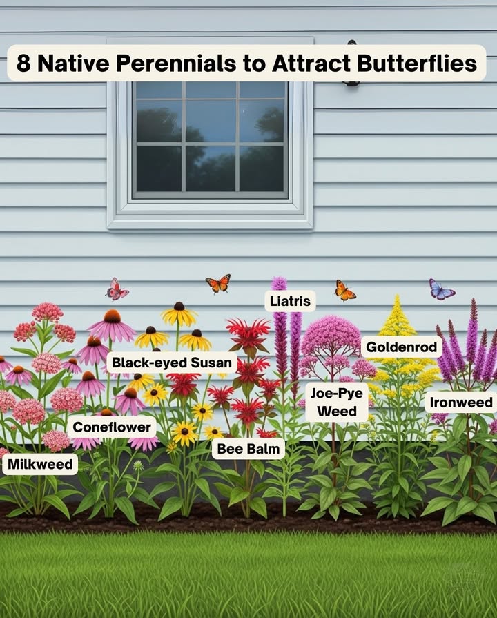 曆 8 Native Perennial Flowers to Attract Butterflies
Plant natives  Support pollinators  Enjoy a garden full of life 曆
1. Milkweed Asclepias spp.
 Host plant for Monarchs, clusters of pink, orange, or white blooms.
2. Coneflower Echinacea purpurea
 Long-blooming daisy-like flowers, nectar source for butterflies.
3. Black-eyed Susan Rudbeckia hirta
 Bright golden flowers with dark centers, tough and reliable.
4. Bee Balm Monarda didyma
 Shaggy red or purple blooms, attracts butterflies & hummingbirds.
5. Liatris Blazing Star, Liatris spicata
 Tall purple flower spikes, loved by swallowtails.
6. Joe-Pye Weed Eutrochium purpureum
 Tall native perennial with pink-purple clusters, butterfly magnet.
7. Goldenrod Solidago spp.
 Late-season yellow blooms, critical nectar for migrating butterflies.
8. Ironweed Vernonia noveboracensis
 Bold purple flower clusters, thrives in moist soils, butterfly favorite. 
#fblifestyle