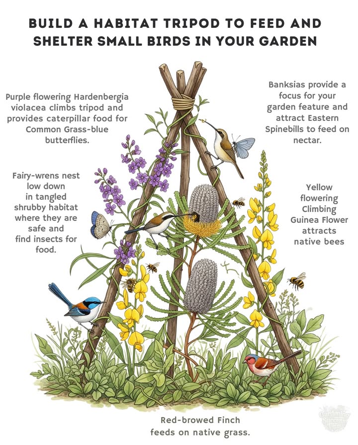 蝹 Build a Habitat Tripod for Birds & Pollinators
Turn a simple tripod into a mini sanctuary for wildlife in your garden!
Zones: 811 adaptable with similar climbing  nectar plants.
1. Purple Hardenbergia  climbs the tripod and provides caterpillar food for Common Grass-blue butterflies.
2. Fairy-wrens  find safety and nesting spots in the low, shrubby cover.
3. Banksias  attract Eastern Spinebills with their nectar-rich blooms.
4. Climbing Guinea Flower  draws in native bees for pollination.
5. Red-browed Finches  forage at the base, feeding on native grasses.

 A tripod like this offers food, shelter, and protectionall in one natural feature. Perfect for creating a thriving, wildlife-friendly garden.