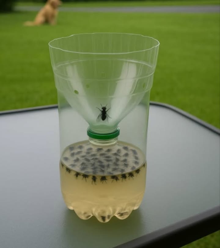 I had to get this out because this years flies are RIDICULOUS… I posted this trap I made back in 2015, so Im giving you the recipe so you can make one… IT REALLY WORKS.
1/2 cup sugar, 1/4 cup vinegar, 1/2 cup hot water, 1 teaspoon salt. Mix everything in the bottle… Cut off the funnel and turn it upside down.