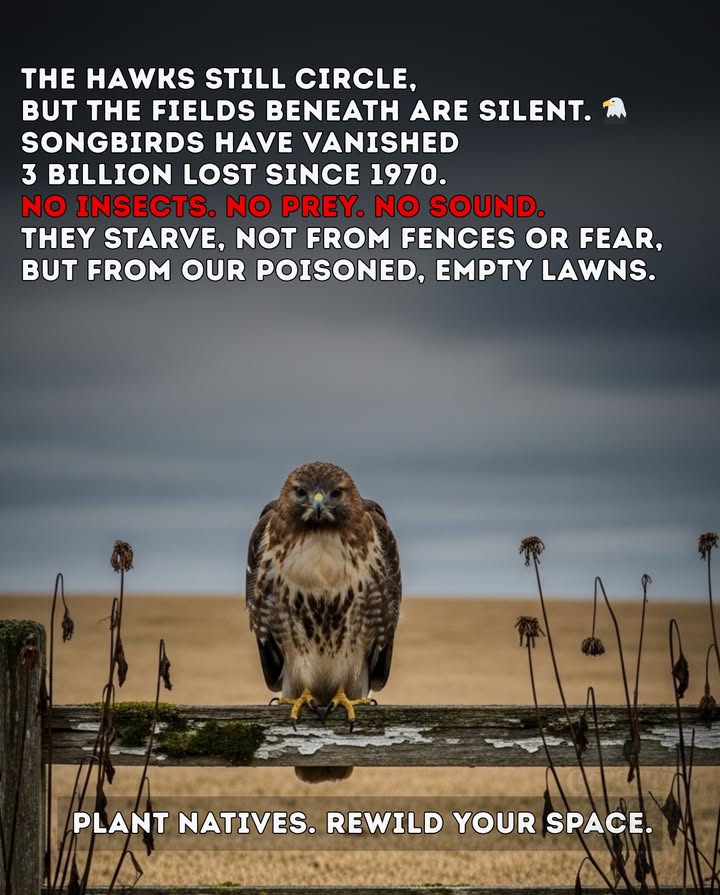 3 Billion Songbirds Gone Since 1970
Insects vanish. Small birds follow.
And hawks lose the prey their survival depends on.
Windows take a billion more each year.
Lawns silence the earth beneath them.
 Plant natives. Rewild your space. Let life return.

#HawkConservation #FoodChainCollapse #RewildYourYard