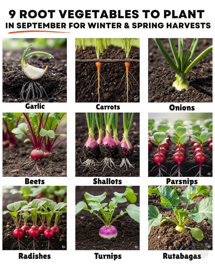 凜 Roots love the cooler soil of early fall.

 Garlic Zones 39  Ready by summer.
 Shallots Zones 39  Mild, gourmet flavor.
 Onions Zones 39  Reliable bulbs in spring.
 Carrots Zones 310  Sweet after frost.
 Beets Zones 310  Dual harvest.
 Parsnips Zones 39  Nutty winter roots.
 Radishes Zones 29  Quick and crisp.
 Turnips Zones 39  Easy and versatile.
 Rutabagas Zones 39  Great for storage.

 September roots = a pantry full of homegrown food!