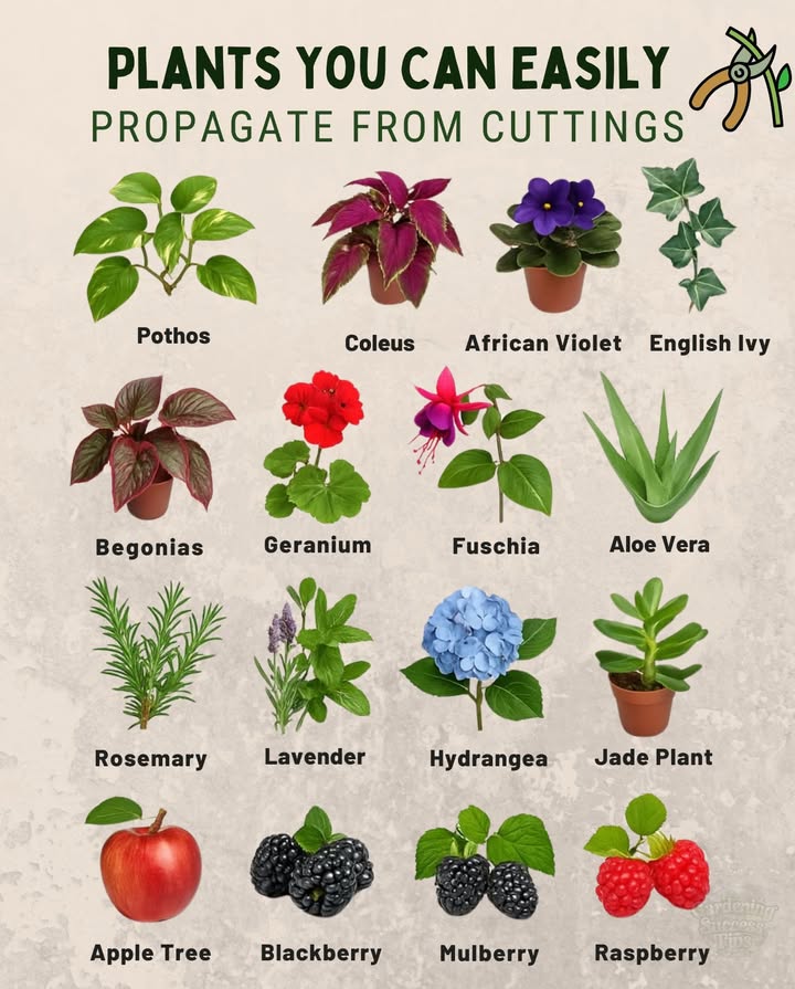 16 Plants You Can Easily Propagate from Cuttings 

1. Pothos  vine magic in water  
2. Coleus  colorful in water or soil  
3. African Violet  baby plants from a leaf  
4. English Ivy  fast-growing vine  
5. Begonias  leaf or stem in moist soil  
6. Geranium  quick roots from stem cuttings  
7. Fuchsia  softwood cuttings  blooms  
8. Aloe Vera  pups from the base  
9. Rosemary  semi-hardwood magic  
10. Lavender  softwood or semi-hardwood cuttings  
11. Hydrangea  non-flowering stems in soil  
12. Jade Plant  leaf or stem in dry soil  
13. Apple Tree  hardwood cuttings  
14. Blackberry  stem or root cuttings  
15. Mulberry  softwood cuttings in summer  
16. Raspberry  root or stem cuttings  

 Multiply your garden the easy  fun way!