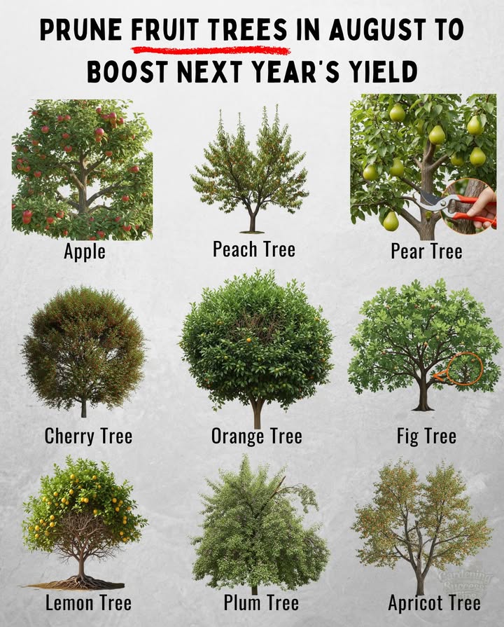 August is the perfect time to give your fruit trees a strategic summer trimespecially if you want healthier fruit and better yields next season.

Heres what to cut and why it matters 

 1. Apple Tree
 Why: Opens the canopy for more light, shapes future growth
 Prune: Crossing branches, water sprouts, and weak limbs

 2. Peach Tree
 Why: Encourages fruiting wood and reduces disease pressure
 Prune: Upright shoots water sprouts and overextended limbs

 3. Pear Tree
 Why: Improves airflow and prevents limb breakage
 Prune: Suckers at the base, crowded interior growth

 4. Cherry Tree
 Why: Keeps tree compact and productive
 Prune: Crossing limbs, deadwood, and small upright shoots

 5. Orange Tree
 Why: Promotes even fruit ripening and disease control
 Prune: Dead twigs, tangled inner branches, and weak shoots

 6. Fig Tree
 Why: Prevents overcrowding and keeps energy focused
 Prune: Inward-growing branches and suckers at the base

 7. Lemon Tree
 Why: Encourages airflow and keeps shape compact
 Prune: Lower branches, suckers, and dead wood

 8. Plum Tree
 Why: Strengthens structure and prevents overgrowth
 Prune: Thin crowded limbs and remove damaged wood

 9. Apricot Tree
 Why: Improves light penetration and fruit set next year
 Prune: Water sprouts and old interior branches