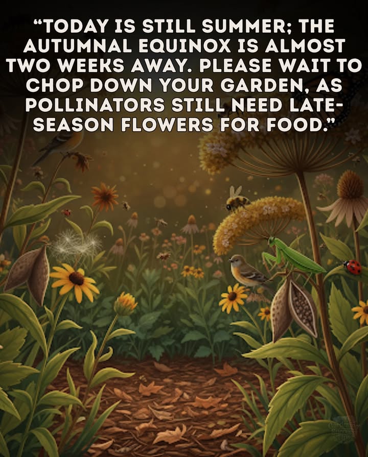 Its Still Summer in Nature
 The autumnal equinox is on September 22  not yet here.
 Dont chop down your garden too early.
 Late-season blooms = food for bees & butterflies.
 Healthy pollinators now mean a stronger ecosystem later.

 Let your garden fade naturally  natures timing is wiser than the calendar.