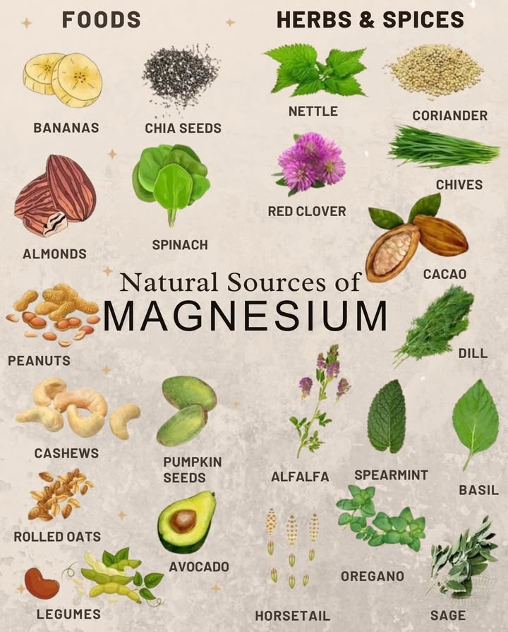 易 Why Magnesium Matters
 Supports nerve and muscle function
 Helps regulate blood sugar and pressure
 Plays a key role in energy production
 Often depleted by stress, caffeine, and poor soil quality

Tip: Rotate sources from both food and herbs for better absorption and variety.