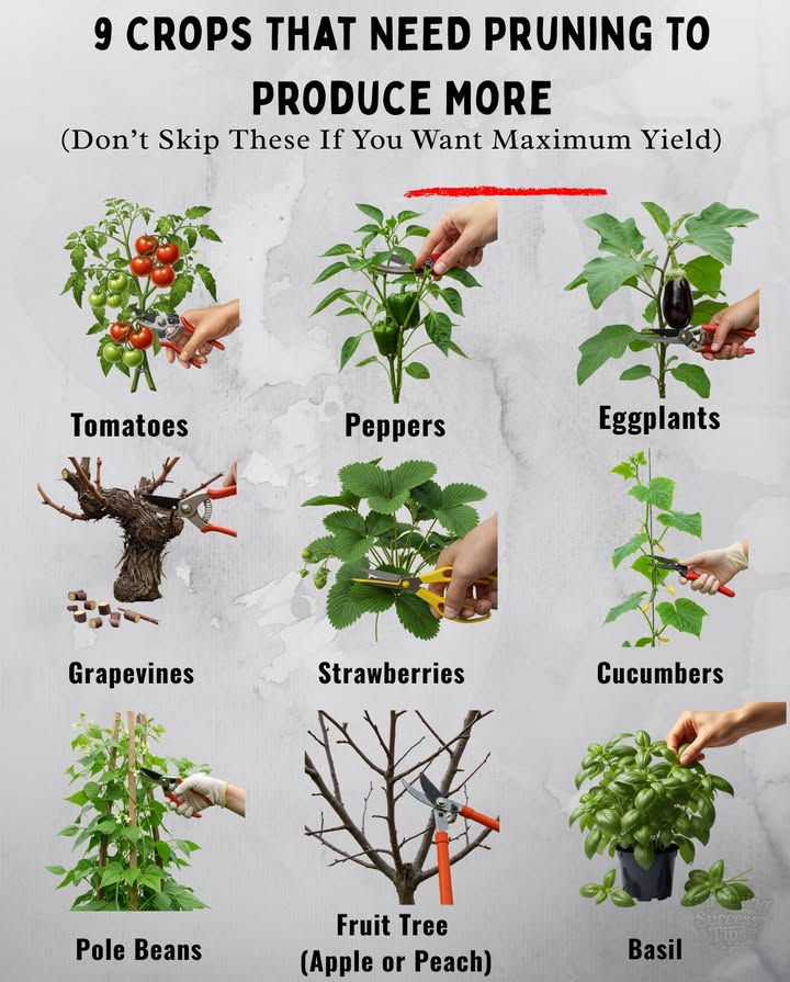 Here are 9 crops that NEED pruning to produce more, along with why and what to prune for each:
1. Tomatoes
 Why: Pruning improves airflow, reduces disease, and channels energy into fruit.
 Prune: Suckers the shoots that grow between stem and branch, lower yellowing leaves.

2. Peppers Bell & Chili
 Why: Encourages branching and better fruit set.
 Prune: Top of young plants pinch at 68 inches tall and any overcrowded inner leaves later.

3. Eggplants
 Why: Fewer but larger fruits, better airflow.
 Prune: Bottom leaves, side shoots, and suckers once fruits start developing.

4. Grapevines
 Why: Heavy pruning = better quality grapes.
 Prune: In winter, cut back 90% of old growth, leaving 12 main canes per vine.

5. Strawberries June-bearing
 Why: Controls runner spread and strengthens crowns.
 Prune: Runners after harvest, old leaves in fall or early spring.

6. Cucumbers especially in small spaces or vertical
 Why: Promotes airflow and fruit development.
 Prune: Lower leaves, side shoots below first 57 nodes.

7. Pole Beans
 Why: Redirects energy into pods, especially in dense growth.
 Prune: Top growth when plants reach top of trellis; thin crowded vines.

8. Fruit Trees like peach, apple, fig
 Why: Shapes the tree, boosts sunlight to fruit, prevents disease.
 Prune: In dormant season, remove crossing branches and weak stems.

9. Basil and other herbs like mint, oregano
 Why: Keeps plant from flowering, promotes more leaf growth.
 Prune: Pinch off flower buds and top few inches regularly.
