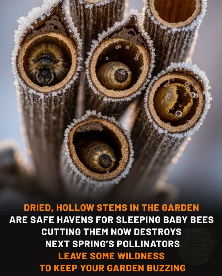 Winter might look quiet but your garden is still alive.
Inside every hollow stem, tiny pollinators are sleeping  waiting for spring warmth to wake them.

So this season, let the wild edges stay.
Every stalk left standing is a promise of life returning.
