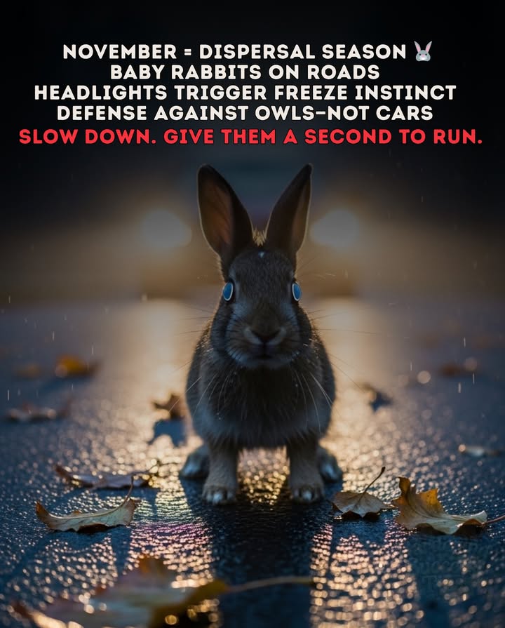 In November, young rabbits leave their mothers for the first time.   
When they see headlights, their instinct is to freeze   
a defense against predators, not cars.  
Dawn and dusk are peak danger hours.  
Slow down at twilight and give them time to move.