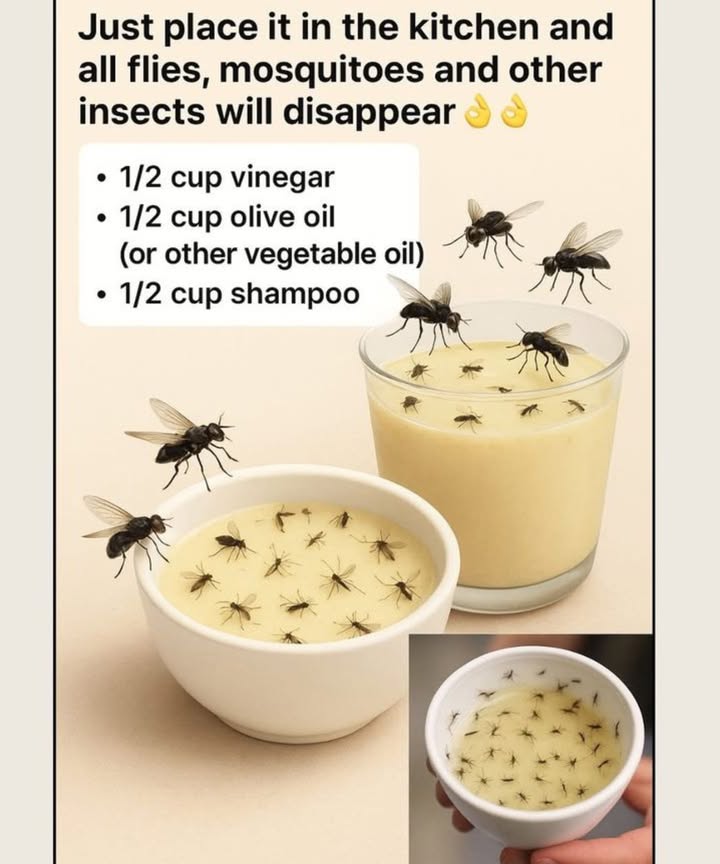 烈 Say Goodbye to Insects with This Simple Trick! 裂
What Youll Need:

1/2 cup vinegar 

1/2 cup olive oil or any vegetable oil 㮝

1/2 cup shampoo 林

How It Works:

Simply mix the vinegar, olive oil, and shampoo together in a bowl and place it in your kitchen or any area with unwanted insects. The scent attracts the bugs, and the oil and shampoo trap them, keeping your space bug-free. 

No more buzzing around your food! 

This natural, non-toxic solution will keep your kitchen fresh and free from annoying insects, all while being safe for your home. Give it a try and enjoy a peaceful, insect-free environment!