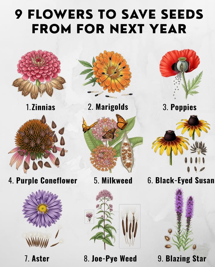 9 Flowers to Save Seeds From for Next Year
Collecting seeds now means free blooms and stronger plants next season!

 Zinnias  Easy to save, vibrant annuals.
 Marigolds  Pest-repelling blooms, reseed readily.
 Poppies  Iconic flowers, self-seed easily.
 Purple Coneflower Echinacea  Long-lasting blooms, pollinator favorite.
 Milkweed  Essential for Monarch butterflies.
 Black-Eyed Susan Rudbeckia  Hardy daisy-like flowers.
 Aster  Late-season nectar source.
 Joe-Pye Weed  Tall clusters, butterfly magnet.
 Blazing Star Liatris spicata  Bold spikes, vital for pollinators.

 Dry seeds fully, store in a cool, labeled envelope, and youll be ready to plant next spring.

#SeedSaving #PollinatorGarden #Wildflowers