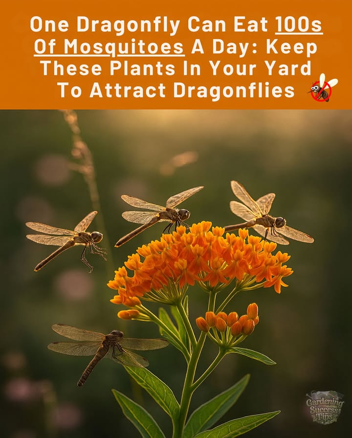 One dragonfly can eat hundreds of mosquitoes dailyno chemicals needed! 

 Attract them with these plants:
– Swamp milkweed
– Joe-Pye weed
– Meadow sage
– Black-eyed Susan
– Arrowhead
– Pickerelweed
– Water lilies for pond edges
– Native grasses for perching

 Dragonflies thrive near still water, so consider a small pond or shallow basin.  Plant these near water or sunny spots for a natural mosquito solution!