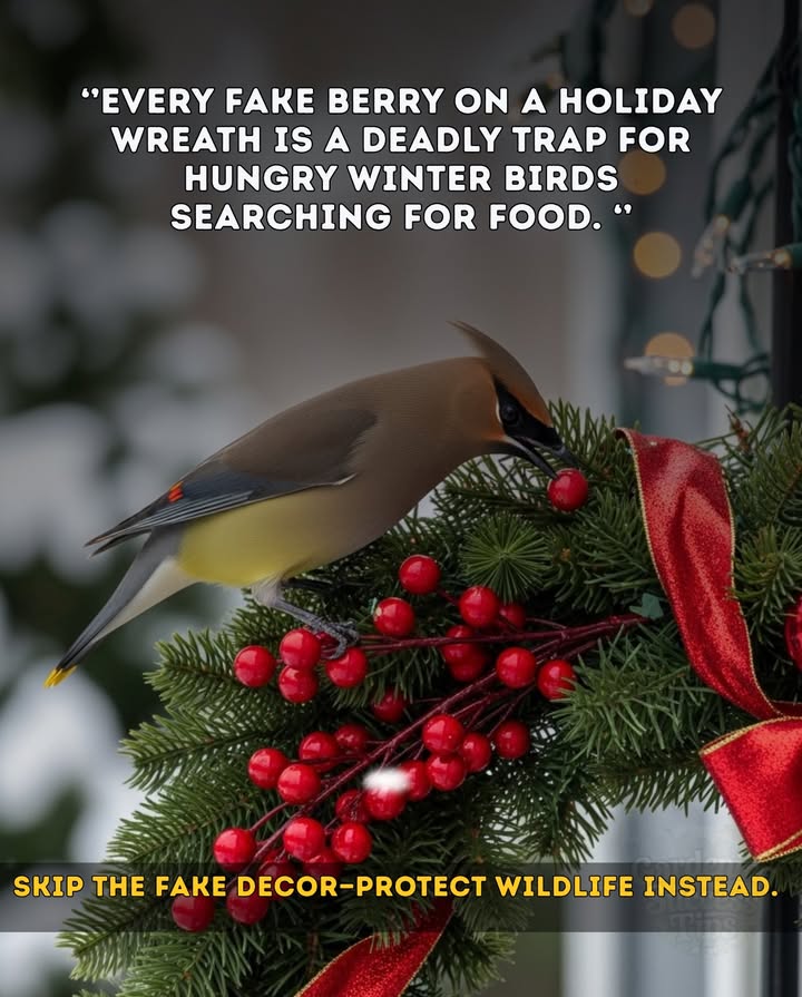 The Audubon Society and wildlife rehabilitation centers often warn that birds like Cedar Waxwings can mistake artificial berries for food  leading to fatal intestinal blockages.
Real or dried berries feed life; plastic ones only imitate it.
This season, decorate with nature, not against it. 
 Choose real fruit, pinecones, or seed garlands  safe beauty for all.