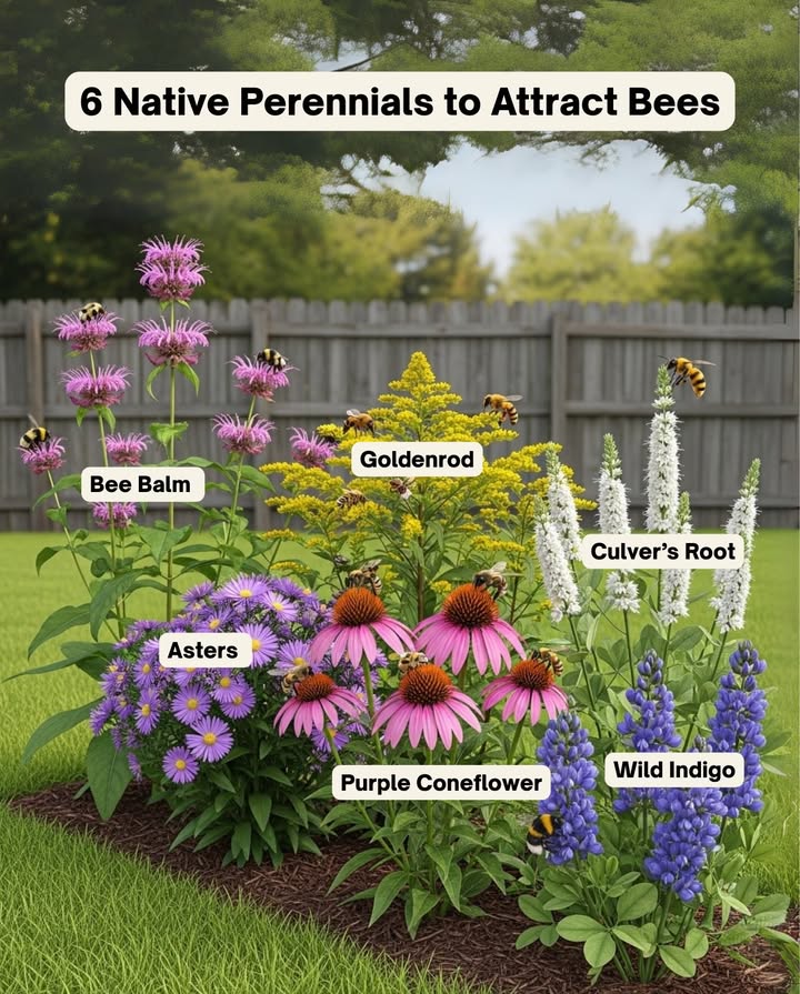 6 Native Plants to Plant This Fall
 Save Bees Next Spring!

 Bee Balm Monarda fistulosa  Nectar-rich blooms for native bees & bumblebees.
 Goldenrod Solidago spp.  Vital late-season nectar when little else blooms.
 Asters Symphyotrichum spp.  Pollen & nectar into late fall for foraging bees.
 Purple Coneflower Echinacea purpurea  Long-blooming, supports bees all season.
 Culvers Root Veronicastrum virginicum  Tall nectar spikes for long-tongued bees.
 Wild Indigo Baptisia australis  Early-season food for bumblebee queens & specialists.

 Plant in fall  Bloom every year  Feed the bees