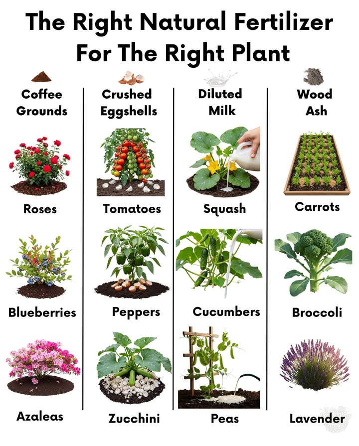 Not all plants have the same needs  and the right natural fertilizer can make all the difference.
1. Coffee Grounds  Roses, Blueberries, Azaleas
Boosts acidity, adds nitrogen, and improves soil texture.
2. Crushed Eggshells  Tomatoes, Peppers, Zucchini
Adds calcium to prevent blossom end rot and strengthens stems.
3. Diluted Milk  Squash, Cucumbers, Peas
Provides calcium & magnesium, helps prevent powdery mildew.
4. Wood Ash  Carrots, Broccoli, Lavender
Rich in potassium and trace minerals, balances soil pH.

 Pro tip: Always use in moderation  too much of a good thing can upset soil balance.