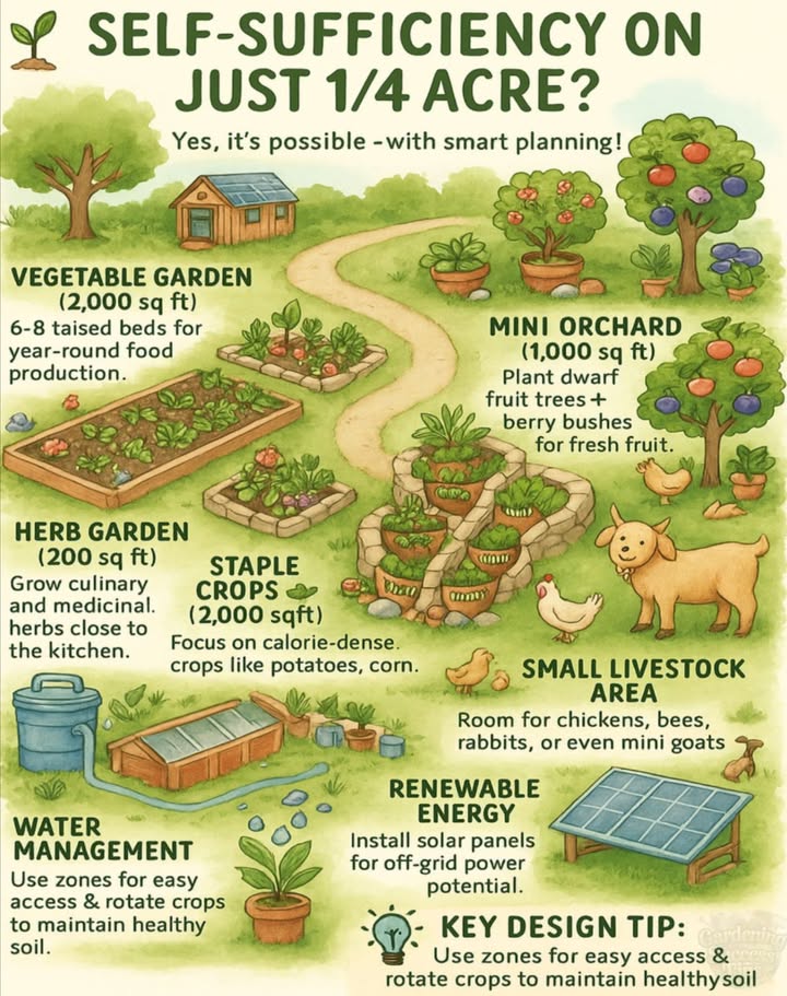 SELF-SUFFICIENCY ON JUST 1/4 ACRE
Most people think you need acres of land to grow your own food, but the truth is you can create an amazingly productive mini-homestead in a typical suburban lot.

With smart planning and efficient design, a quarter acre can provide:
塞 Vegetable garden 2,000 sq ft with 6-8 raised beds for year-round harvests
 Orchard space 1,000 sq ft with dwarf fruit trees and berry bushes
 Herb garden 200 sq ft for culinary and medicinal needs
凜 Staple crops 2,000 sq ft for calorie-dense foods like potatoes and corn
 Small structures for storage, animals, and season extension
 Space for chickens, bees, and even small goats
 Water management systems like rain barrels and greywater reuse
 Renewable energy sources including solar panels

The key is permaculture zoning – placing elements strategically to save time and energy while maximizing productivity.