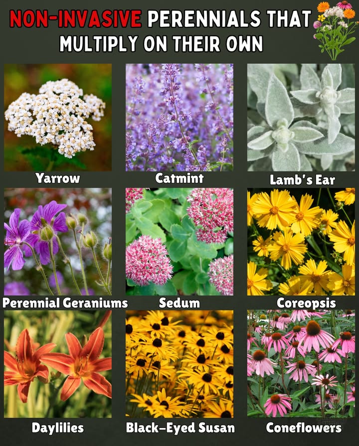 Non-Invasive Perennials That Spread on Their Own
1. Coneflowers Echinacea
 Self-seeds moderately but not aggressive
 Easy to manage by removing seedlings

2. Black-Eyed Susan Rudbeckia
 Spreads by reseeding, but seedlings are easy to pull
 Not invasive

3. Daylilies Hemerocallis
 Clump-forming, expands gradually
 Easy to divide and control

4. Coreopsis
 Spreads gently by seed and clumping
 Not known as invasive

5. Sedum Stonecrop
 Spreads slowly and predictably
 Perfect for filling gaps without taking over

6. Perennial Geraniums Cranesbill types
 Spread in clumps but dont smother other plants

7. Lambs Ear Stachys byzantina
 Can cover ground, but is shallow-rooted and easy to pull back

8. Catmint Nepeta
 Grows outward but is easily trimmed and not invasive

9. Yarrow Achillea Note: spreads by rhizomes, so give space
 Not officially invasive but can be vigorousbest for large beds or contained areas

 Plants to Use Caution or Avoid Invasive Tendencies:
 Bee Balm Monarda  spreads aggressively by rhizomes
 Creeping Jenny Lysimachia  very fast spreader
 Ajuga  can overtake beds
 Some Hostas  multiply rapidly but are usually easy to control
 Lungwort  can self-seed heavily in damp shade

 Tip:
Even non-invasive spreaders can crowd neighbors over several seasons, so regular dividing and thinning keeps them tidy.
