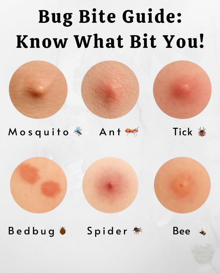 Identify the Bites: How to Recognize Common Insect Bites
1 Mosquito Bite: Puffy, light red bump that itches. Dont scratch! 
2 Ant Bite: Small, bright red bump with burning sensation. Watch for blisters! 
3 Tick Bite: Red with dark center bullseye. Painless at firstwatch for fever.
4 Bedbug Bite: Clusters of small red bumps, often itchy. Check your neck and arms!
5 Spider Bite: Red center with swelling. Painfulseek help if it worsens!
6 Bee Sting: Swollen welt with a puncture. Remove stinger and watch for allergic reactions.

 Tips: 
– Dont scratch! 
– Wash with soap & water.
– Use antihistamines or hydrocortisone. 
– See a doctor if you experience fever or breathing issues.