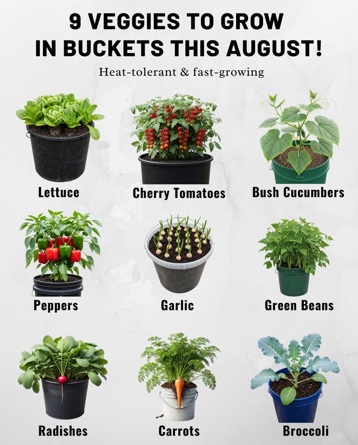 These 9 Veggies Grow Perfectly in Containers If Sowed in August 
Great for patios, balconies & small-space gardens
 Best for USDA Zones 510
 Heat-tolerant & fast-growing
 Ideal for 5-gallon buckets or grow bags

What to Plant in August:
塞 Lettuce  Thrives in partial shade, quick to mature
凌 Carrots  Use short varieties like Thumbelina or Parisian
勒 Bush Cucumbers  Compact and productive
 Peppers  Bell and chili types love the heat
龍 Garlic  Sow for spring harvest in warm zones
齃 Green Beans  Fast-growing bush varieties are ideal
 Radishes  Super fast, ready in just 34 weeks
 Cherry Tomatoes  Dwarf types give quick rewards
復 Broccoli  Choose early-maturing varieties for fall

 Tip: Use light, well-draining potting mix. Water early in the day to beat the heat.
