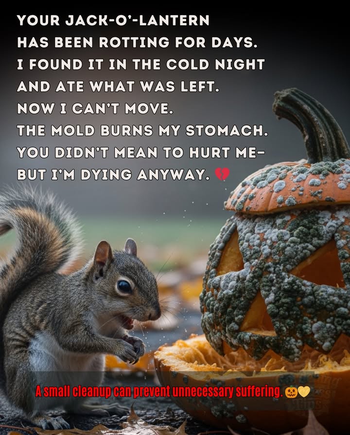 When carved pumpkins sit out too long,  
they grow mold and bacteria that are toxic to wildlife.  
Raccoons, squirrels, and opossums often eat the leftovers  
and become sick with mold poisoning or digestive distress. 劣  

To protect them:  
 Remove carved pumpkins after a few days  
 Compost or dispose of moldy ones safely  
 Offer only fresh scraps if feeding wildlife intentionally  

A small cleanup can prevent unnecessary suffering.   
#PumpkinSafety #HalloweenCleanup #WildlifeAwareness