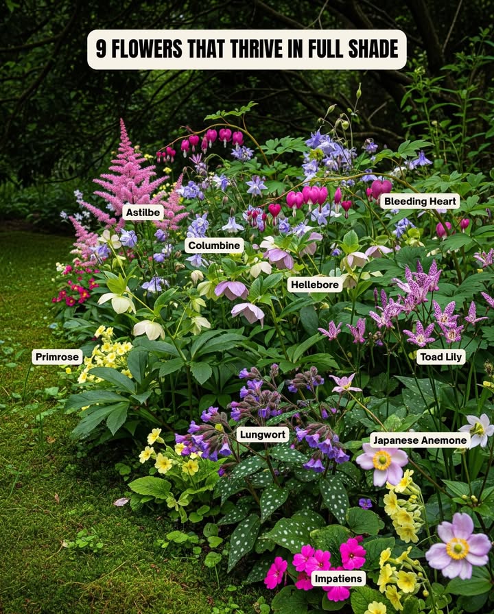 Quiet corners deserve beauty too  and these blooms bring color, texture, and life even where the sun rarely reaches.

 Bleeding Heart  Zones 39, graceful arching stems with heart-shaped blooms.
 Astilbe  Zones 49, feathery plumes that glow in filtered light.
 Columbine  Zones 39, delicate nodding flowers loved by pollinators.
 Hellebore  Zones 49, early spring blooms that last for weeks.
 Primrose  Zones 48, cheerful yellow clusters that brighten the edges.
 Lungwort  Zones 38, speckled leaves and violet-blue flowers for cool spots.
 Toad Lily  Zones 49, exotic-looking purple-spotted blooms late in the season.
 Japanese Anemone  Zones 48, soft pink blooms swaying gracefully through late summer.
 Impatiens  Annual, nonstop color under deep shade.

 Planting tip: Layer taller plants like Astilbe and Bleeding Heart toward the back, fill mid-spaces with Hellebores and Columbine, and edge with Primrose and Impatiens for a carpet of gentle color.