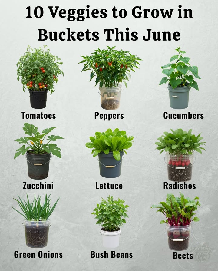 凌 10 Veggies to Grow in Buckets This June

1. Tomatoes  Choose compact or cherry varieties for best results.
2. Peppers  Bell and chili peppers thrive in 5-gallon containers.
3. Cucumbers  Pick bush types and give them a trellis to climb.
4. Zucchini  One plant per bucket, lots of sun and regular watering.
5. Lettuce  Quick-growing and perfect for shallow containers.
6. Radishes  Fast and easy, ready to harvest in under a month.
7. Green Onions  Grow densely and trim as needed.
8. Spinach  Loves cooler tempsplant in partial shade.
9. Bush Beans  Grow upright, no need for supports.
10. Beets  Both roots and greens are edible; keep soil loose.

華 Use 5-gallon buckets with drainage holes
 Ensure 6 hours of sun
 Water consistently, and feed monthly