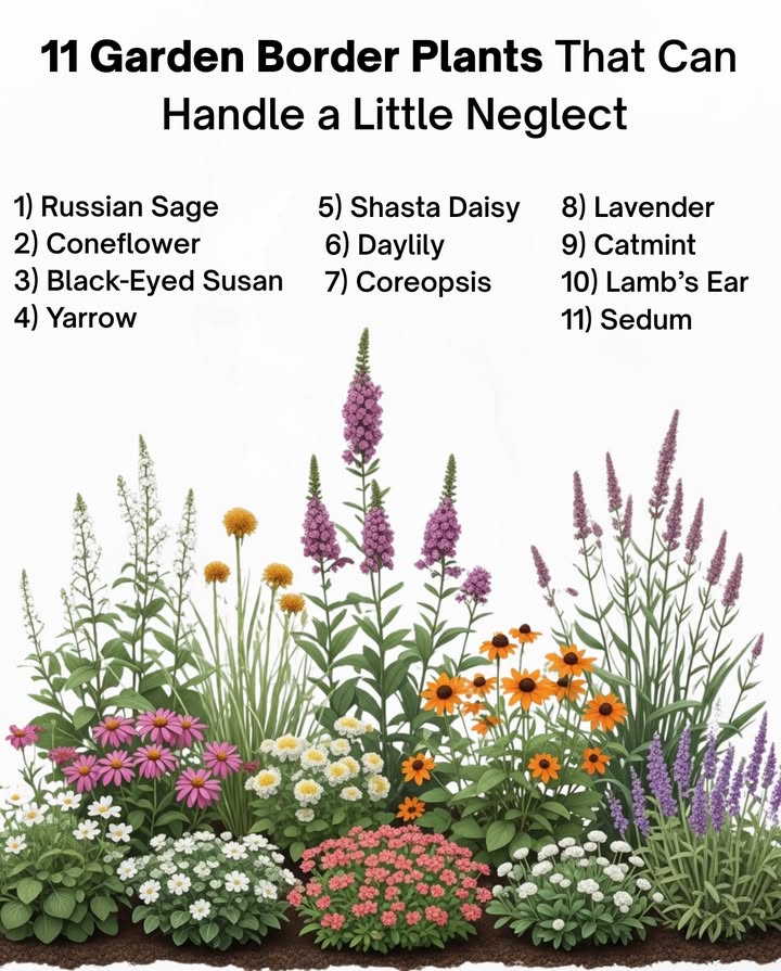 11 Low-Maintenance Border Plants 

1. Russian Sage  Drought-tolerant, thrives in poor soil Zones 49.
2. Coneflower  Long-blooming, attracts pollinators Zones 39.
3. Black-Eyed Susan  Hardy and self-seeding Zones 39.
4. Yarrow  Handles dry conditions, improves soil Zones 39.
5. Shasta Daisy  Classic perennial, great for bouquets Zones 49.
6. Daylily  Low-maintenance, survives neglect Zones 310.
7. Coreopsis  Drought-resistant, long-lasting blooms Zones 49.
8. Lavender  Fragrant, pest-repellent, loves heat Zones 59.
9. Catmint  Easy spreader, pollinator favorite Zones 38.
10. Lambs Ear  Silvery groundcover Zones 48.
11. Sedum  Water-storing leaves, perfect for dry spots Zones 39. 

Transform your garden effortlessly!