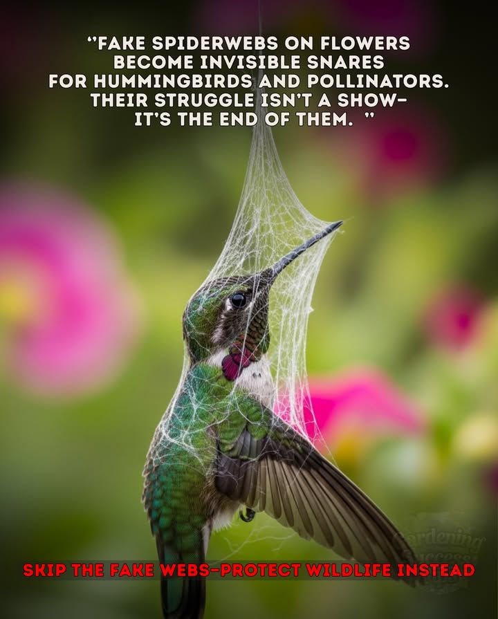 You wanted a haunting garden.  
So you draped this fake web  
over the flowers I depend on.  
I hovered close, searching for nectar  
and the threads closed in.  
Its not festive. Its a snare.  
My struggle is no show.  
Its the end of me.