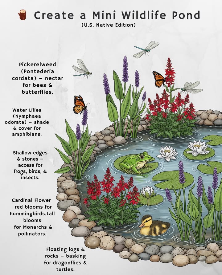 Even a small pond can turn your garden into a living habitat!
Zones: 49

 Shallow edges & stones  safe spots for birds to drink & bathe
 Floating logs & rocks  resting platforms for dragonflies & turtles
 Pickerelweed  nectar for bees & butterflies
 Cardinal Flower  irresistible for hummingbirds
 Water Lilies  shade  shelter for frogs & aquatic life

 A pond invites birds, pollinators, amphibians, and moreyour garden becomes a real oasis. 曆