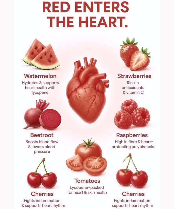 RED FOODS FOR A HEALTHY HEART!
 Watermelon
Hydrating and heart-friendly! Loaded with lycopene, it helps support circulation and blood vessel health.

 Strawberries
A sweet boost of antioxidants and vitamin C  perfect for fighting oxidative stress and protecting your heart cells.

 Beetroot
This deep red root increases blood flow and helps lower blood pressure. Natures nitric oxide booster!

 Cherries
Double duty! They fight inflammation and support a healthy heart rhythm. Snack smart with these tiny heroes.

 Tomatoes
A lycopene-rich staple that promotes heart and skin health. Cook them for even more antioxidant power!

 Raspberries
Small but mighty! Packed with fiber and polyphenols that protect your heart and support digestion too.

 Eat the Rainbow  Especially Red!
Red foods arent just pretty  theyre potent heart protectors. Keep your plate colorful and your heart strong!