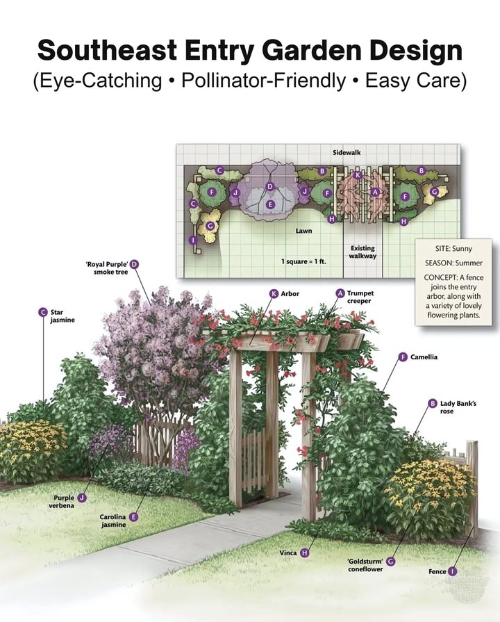 Southeast Summer Entry Garden 
Bright  Pollinator-Friendly  Easy Care
 Star Jasmine  Zones 810  Plant spring  Train on fences/trellises
 Smoke Tree  Zones 58  Plant spring/fall  Loves well-drained soil
 Verbena  Zones 711  Plant spring  Deadhead for more blooms
 Carolina Jasmine  Zones 79  Plant spring  Evergreen, sun-loving vine
 Camellia  Zones 79  Plant fall/spring  Acidic soil, morning sun
 Lady Banks Rose  Zones 69  Plant spring  Thornless, needs support
 Vinca  Zones 49  After frost  Drought-tolerant groundcover
 Goldsturm Coneflower  Zones 39  Plant spring/fall  Attracts pollinators
 Trumpet Creeper  Zones 49  Plant spring  Prune to control spread

 Plant spring or fall zones 79 for strong growth & summer blooms!