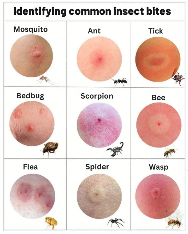 Insect bites vary in appearance. Recognizing them can lead to quicker treatment and peace of mind.

 Quick Reference:
1 Mosquito: Raised, itchy bump with a puncture  
2 Ant: Small red spot, sometimes painful  
3 Tick: Red bullseye, often flat  
4 Bedbug: Clustered red bumps in a line  
5 Scorpion: Swollen, red, painful with a dark center  
6 Bee: Round swelling with a puncture  
7 Flea: Small bites around ankles/legs  
8 Spider: Raised bump, possibly pale center  
9 Wasp: Painful, swollen red spot, sometimes white center  

 Tip: Monitor for allergic reactionsseek medical help if swelling spreads, breathing is difficult, or fever occurs!