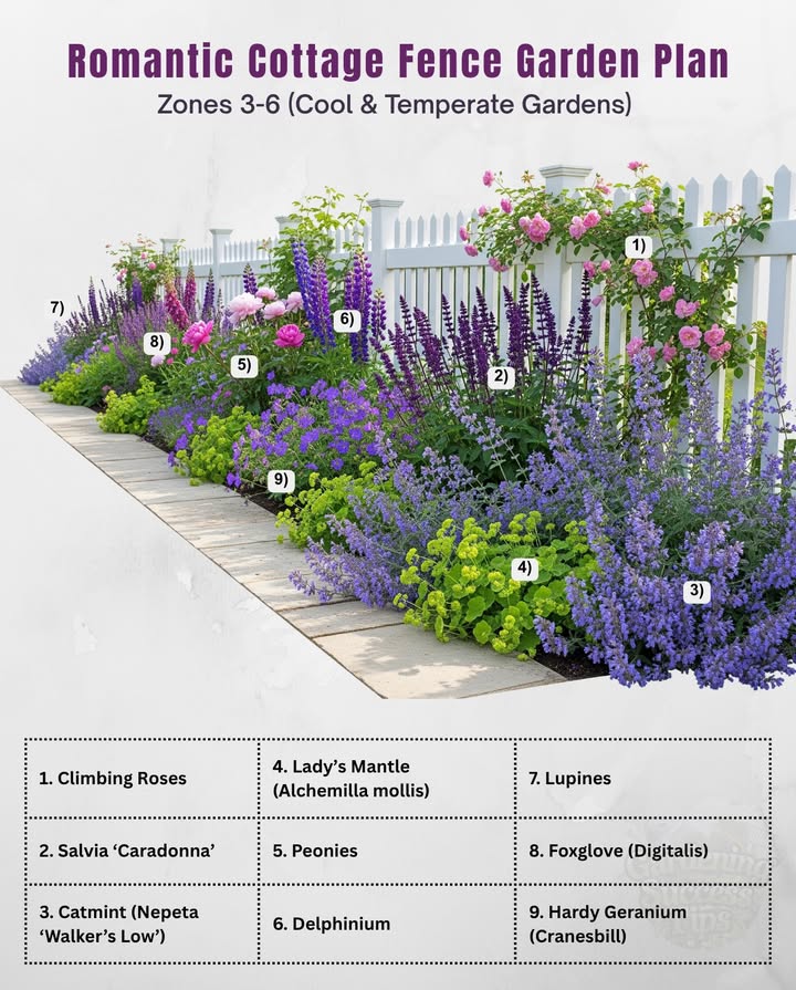 Dreamy blooms, vintage charm, and pollinator life woven into one picture-perfect fence line. 

 Climbing Roses  Soft pink blooms twining through the fence.
 Salvia Caradonna  Deep purple spikes that return yearly.
 Catmint Walkers Low  Fragrant and bee-loved; fills gaps beautifully.
 Ladys Mantle  Chartreuse lace leaves that glisten after rain.
 Peonies  Lush spring showstoppers with timeless charm.
 Delphinium  Tall blue spires adding vertical drama.
 Lupines  Early-summer bursts of pink, blue, and white.
 Foxglove  Elegant bells that light up shady corners.
 Hardy Geranium  Long-blooming ground cover to unite it all.

 Thrives in full to partial sun and rich, well-drained soil. Prune roses and salvias after blooming to keep the romance alive all summer.