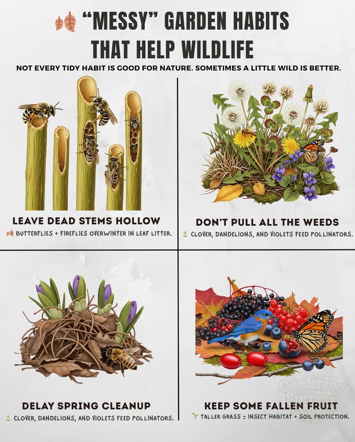 A little wildness in the garden supports pollinators, birds, and soil life.

 Leave Dead Stems Hollow  nesting spots for bees  shelter for overwintering insects
 Dont Pull All the Weeds  clover, dandelions, and violets feed pollinators early
 Delay Spring Cleanup  insects & butterflies emerge safely with warming weather
 Keep Some Fallen Fruit  food for birds, butterflies, and small mammals