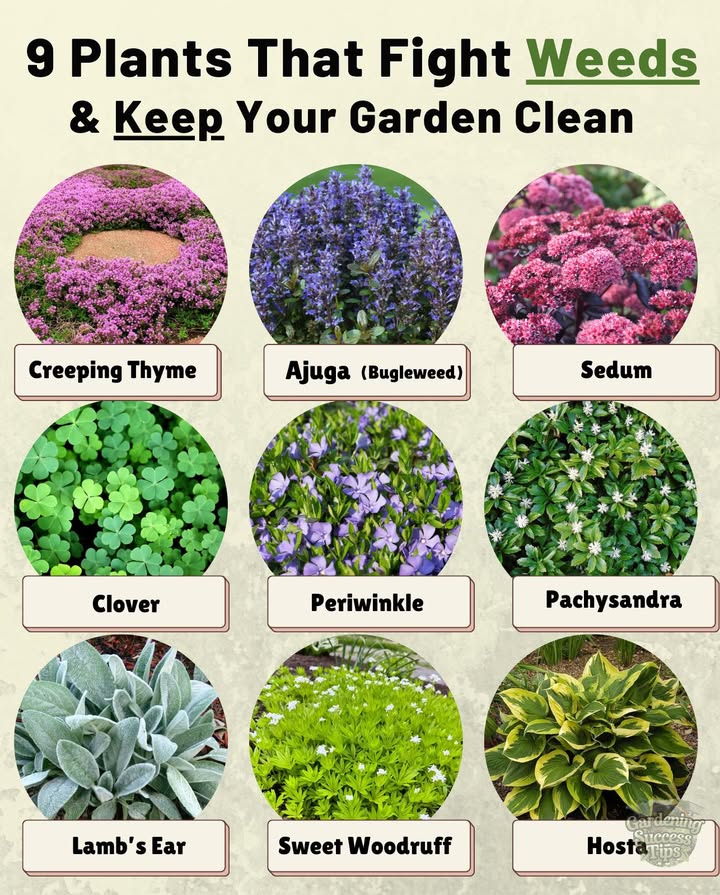 9 plants that naturally help prevent weeds in your garden:

1. Creeping Thyme  forms a dense, fragrant groundcover.
2. Ajuga Bugleweed  spreads quickly and chokes out weeds.
3. Sedum Stonecrop  low-growing and covers soil tightly.
4. Clover  fills gaps and improves soil while crowding weeds.
5. Periwinkle Vinca minor  evergreen groundcover that smothers weeds.
6. Pachysandra  great for shady spots, forms a thick mat.
7. Lambs Ear  soft, silvery leaves spread across soil.
8. Sweet Woodruff  delicate but tough in shade gardens.
9. Hosta  broad leaves block sunlight, reducing weed growth.
