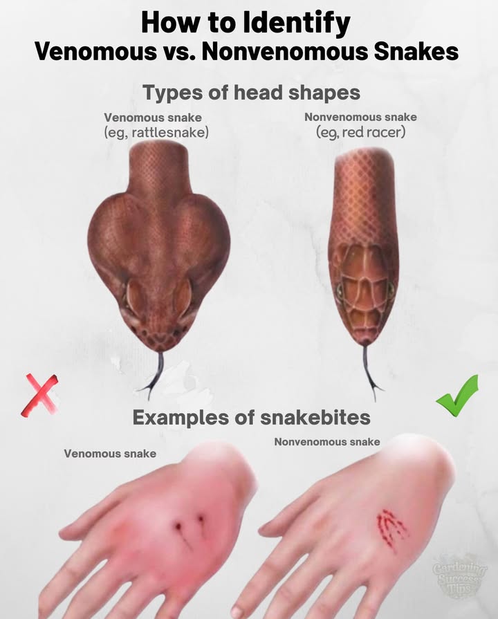 Snake Smarts: Venomous vs. Nonvenomous  Know the Difference!
Head Shape:
 Venomous: Triangular head e.g., rattlesnakes
 Nonvenomous: Rounded head

喝 Bite Marks:
 Venomous: 12 deep fang punctures, swelling, severe pain
 Nonvenomous: Tiny rows of teeth, mild pain

 Stay Safe:
 Never handle wild snakes
 Some harmless snakes mimic venomous ones
 If bitten, stay calm and get medical help fast

 Knowledge keeps you safe!
