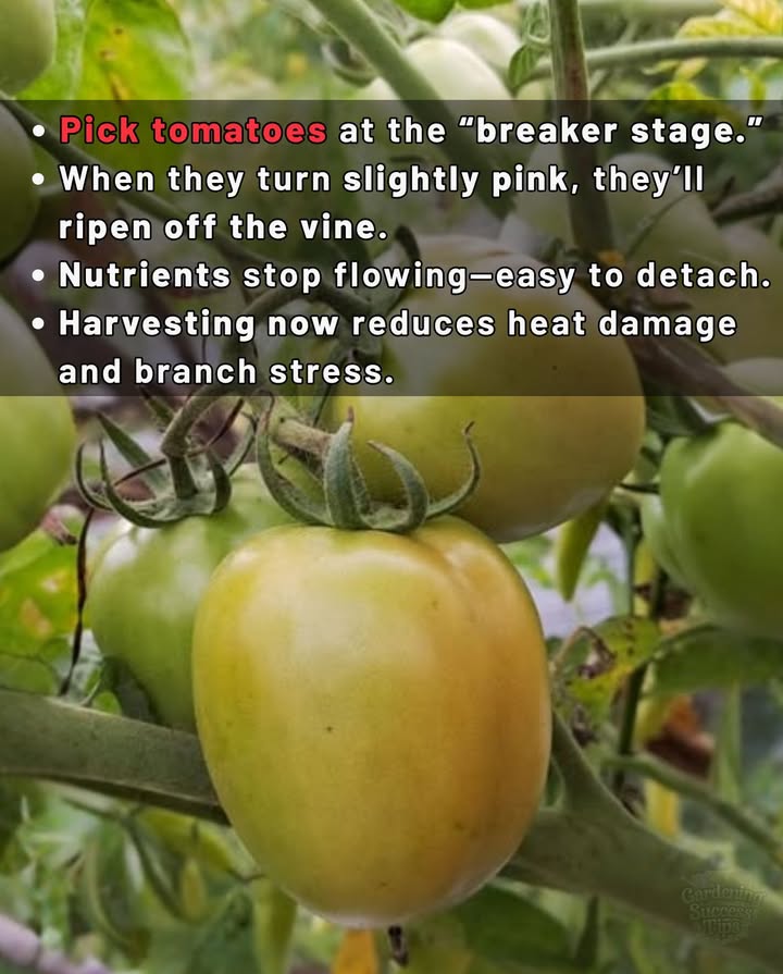 Harvest Tomatoes at the Breaker Stage
 The breaker stage begins when tomatoes shift from green to a pinkish hue
 At this point, nutrient and water flow from the plant slows almost completely
 A natural cell layer in the stem forms, gradually separating the fruit
 Picking now eases weight on branches and prevents heat-related damage
 Tomatoes ripen beautifully off the vine with full flavor and color