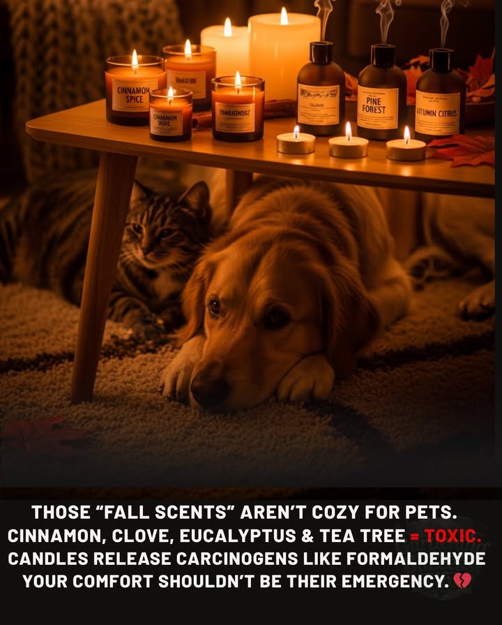 Your Fall Scents Could Be Hurting Your Pet
 What smells cozy to you can make them sick.

Its fall. The air smells like cinnamon, clove, and apple cider.
Candles flicker, wax melts hum  and your pet is struggling to breathe.

Those cozy scents often hide phthalates, benzene, toluene, and formaldehyde  toxins that can trigger liver failure or seizures in cats and dogs.
Even natural essential oils like cinnamon, clove, citrus, pine, eucalyptus, and tea tree can poison pets.

 Heres the truth:
Pets process oils differently.
They breathe closer to the floor, where fumes are heaviest.
And the symptoms  drooling, hiding, vomiting, labored breathing  are often mistaken for allergies.

 What to do:
 Burn candles only in ventilated spaces  never where pets sleep.
 Avoid diffusers around cats entirely.
 Choose pet-safe candles soy, beeswax, no synthetic fragrance.
 If they show signs of distress  Vet. Immediately.

Your cozy fall vibe shouldnt come at their expense.
Keep the warmth. Lose the toxins.
  Your best friend who cant tell you theyre hurting