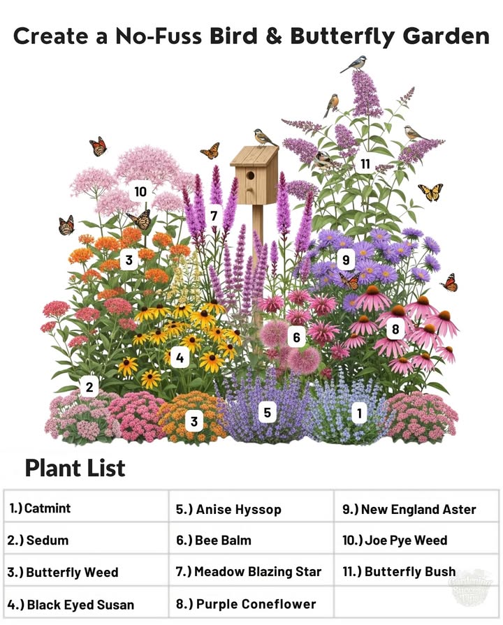 曆 Create a No-Fuss Bird & Butterfly Garden 
 Plant these together for a colorful, low-maintenance sanctuary!

 Catmint Zones 38  bee magnet
 Sedum Zones 39  late-season nectar for butterflies
 Butterfly Weed Zones 39  Monarch host plant
 Black-Eyed Susan Zones 39  bright blooms loved by butterflies & birds
 Anise Hyssop Zones 49  pollinator favorite
 Bee Balm Zones 49  hummingbird magnet
 Meadow Blazing Star Zones 38  irresistible to Monarchs
 Purple Coneflower Zones 39  nectar for pollinators, seeds for finches
 New England Aster Zones 48  fall nectar source
 Joe Pye Weed Zones 49  buzzing with butterflies
 Butterfly Bush Zones 59  fragrant blooms, butterfly favorite

 A mix like this keeps your garden blooming from spring through fallwhile giving food & shelter to pollinators and birds.