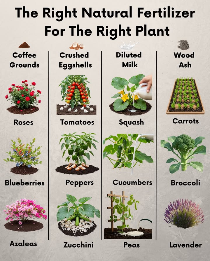 Turn everyday kitchen scraps into powerful plant food. 
 Coffee grounds enrich acidic-loving plants like roses & blueberries
 Eggshells boost tomato & pepper strength with calcium
 Diluted milk builds immunity in squash, peas & cucumbers
 Wood ash feeds carrots, broccoli & lavender with potassium

The right match makes all the differencefeed wisely, grow beautifully.
 From soil to bloom, nature knows best.

#NaturalFertilizer #SoilHealth
