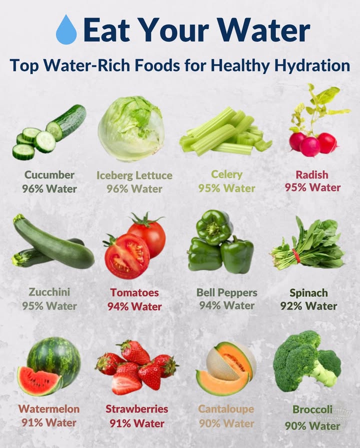 Eat Your Water
Stay hydrated the delicious way with these water-rich foods!

 Cucumber & Iceberg Lettuce 96% water  Crunchy, refreshing, and perfect for salads.
 Celery & Radish 95% water  Snack smart and hydrate at the same time
 Tomatoes & Bell Peppers 94% water  Juicy essentials for every meal.
 Spinach 92% water  A hydrating leafy green powerhouse.
 Watermelon & Strawberries 91% water  Sweet bites that quench your thirst.
 Cantaloupe & Broccoli 90% water  Great for snacks and sides.

 Tip: Eating plenty of these foods can help you feel energized and refreshed all day long.