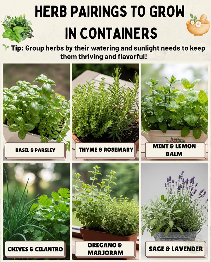 Herb Pairing Magic in Containers 華
Pairing herbs isnt just smartits delicious and space-saving. Heres how to match them for happy, fragrant pots:

 Basil  Parsley
Thrives in rich, moist soilperfect kitchen companions.

 Thyme  Rosemary
Sun-loving and drought-tolerant, great for resilient combos.

 Mint  Lemon Balm
Refreshing and soothingjust watch that mint doesnt take over!

 Chives  Cilantro
Both love cooler temps and consistent moisture.

 Oregano  Marjoram
Mediterranean buddies that thrive side by side.

 Sage  Lavender
Prefer drier soil and lots of sunlightideal for low-maintenance containers.

 Tip: Group herbs by their watering and sunlight needs to keep them thriving and flavorful!