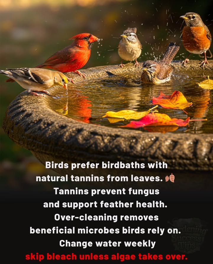 A Little Dirty Is Natural  and Better for Birds 

 Birds actually prefer birdbaths with leaf tannins  those golden-brown stains from fallen leaves.
 Tannins have natural antifungal and antibacterial properties that help keep feathers healthy.
 Over-cleaning or using bleach removes beneficial microorganisms birds rely on.
 Just change the water weekly and scrub lightly with a brush  no chemicals needed.
 Only use a mild vinegar rinse if algae takes over.

 A little wild is healthier. Let your birdbath look like nature  thats exactly how birds like it.