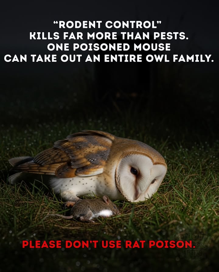 Rat poison doesnt stop with rodents. 黎  
Owls, hawks, foxes, and cats die from eating poisoned prey.  
One contaminated mouse can kill an entire owl family.  
Use traps, seal entry points, or support barn owls for control instead.