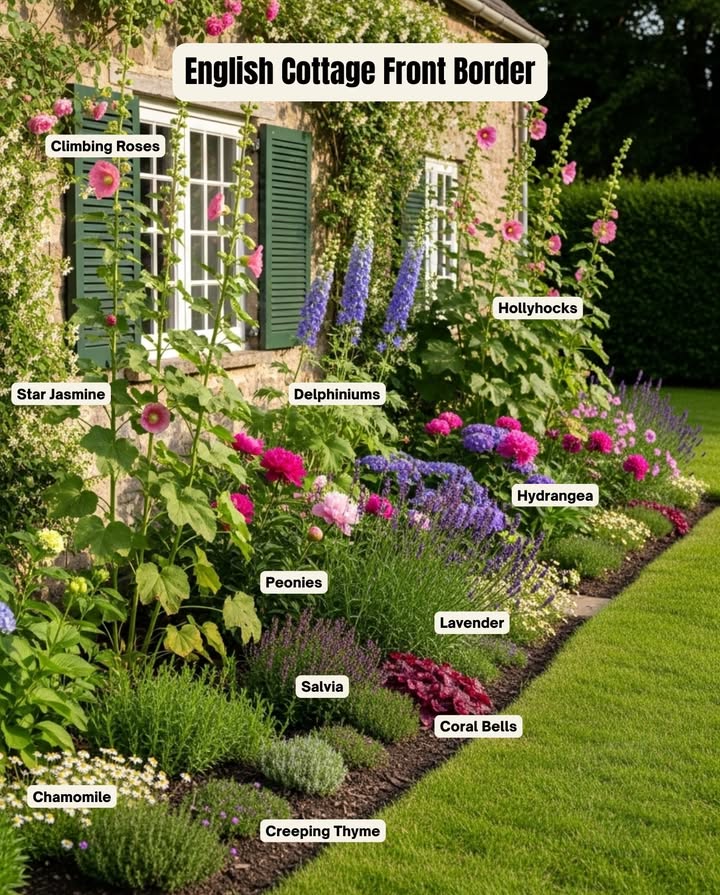 Bring a touch of countryside romance right to your doorstep  soft blooms, fragrant herbs, and a palette that feels like its been growing there for decades.

 Climbing Roses
Trail them up walls or shutters for that timeless cottage charm.

 Hollyhocks & Delphiniums
Tall, stately blooms that add height, drama, and a painterly touch to the back row.

 Peonies & Hydrangeas
Rich color and full petals that fill the middle layers with texture and nostalgia.

 Lavender & Salvia
Fragrance, pollinators, and that dreamy wash of purple every garden needs.

 Coral Bells, Chamomile & Creeping Thyme
Low-growing accents that soften the edges and spill gently over borders.

 Star Jasmine
A delicate climber that perfumes summer evenings with a hint of sweetness.

Planting a cottage border isnt about perfect order  its about letting nature mingle, bloom, and charm in her own lovely way.