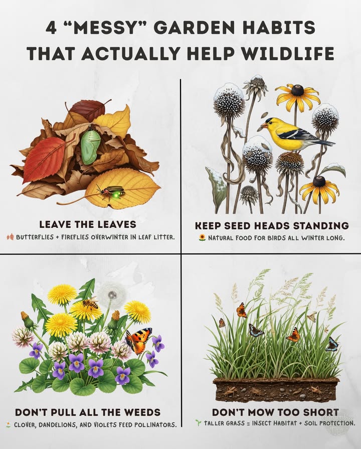 Messy Garden Habits That Help Wildlife
Not every tidy habit is good for nature. Sometimes a little wild is better.

 Leave the Leaves  shelter for butterflies & fireflies
 Keep Seed Heads Standing  natural bird food through winter
 Dont Pull All the Weeds  clover, dandelions, violets = pollinator fuel
 Dont Mow Too Short  taller grass protects soil  gives insects a home