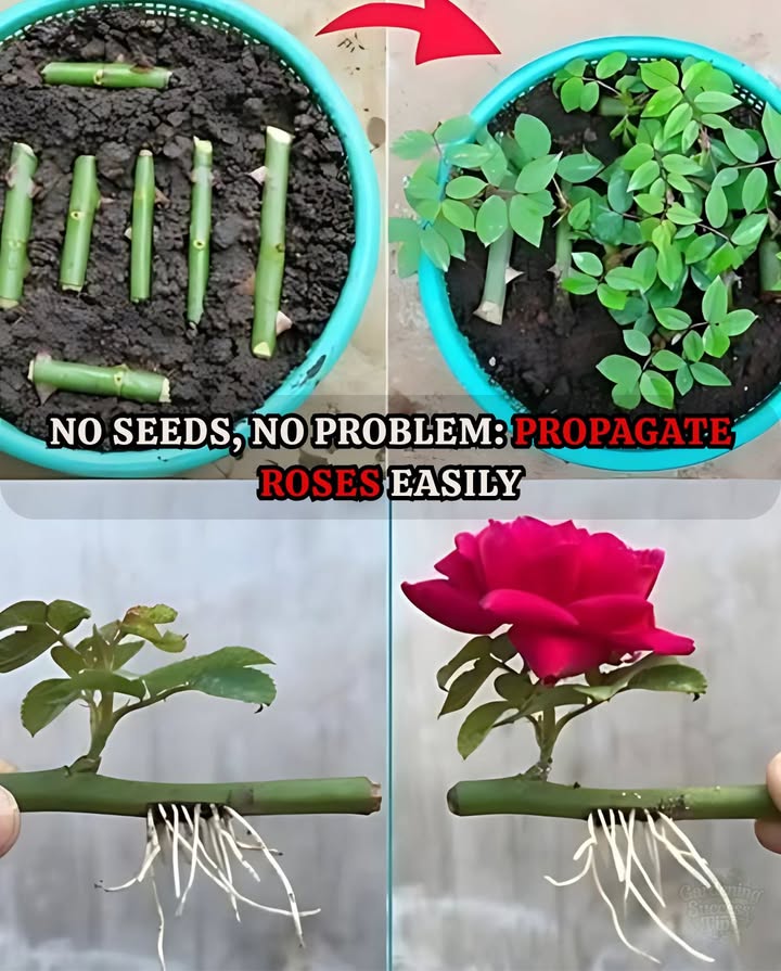 Propagate Roses from Cuttings  Heres How

 Youll Need:
 Healthy stem 68″
 Sharp pruners
 Pot or garden spot
 Moist potting mix
 Rooting hormone optional
 Clear bag or bottle
 Water

 Steps:
1. Take a Cutting  Choose a firm, green stem below a bloom.
2. Trim It  Cut below a node, remove buds/flowers, keep top leaves.
3. Dip in Rooting Hormone optional but helps!.
4. Plant It  Insert halfway into moist soil.
5. Cover It  Use a clear bag/bottle for humidity.
6. Place in Indirect Light  Keep moist, not soggy.
7. Wait 36 Weeks  Tug gentlyresistance = roots!
8. Transplant  Once rooted, move to its forever home.

 Tips:
 Best in spring/early summer
 Morning cuttings root best
 Avoid direct sun until rooted

 With patience, youll turn one rose into many!