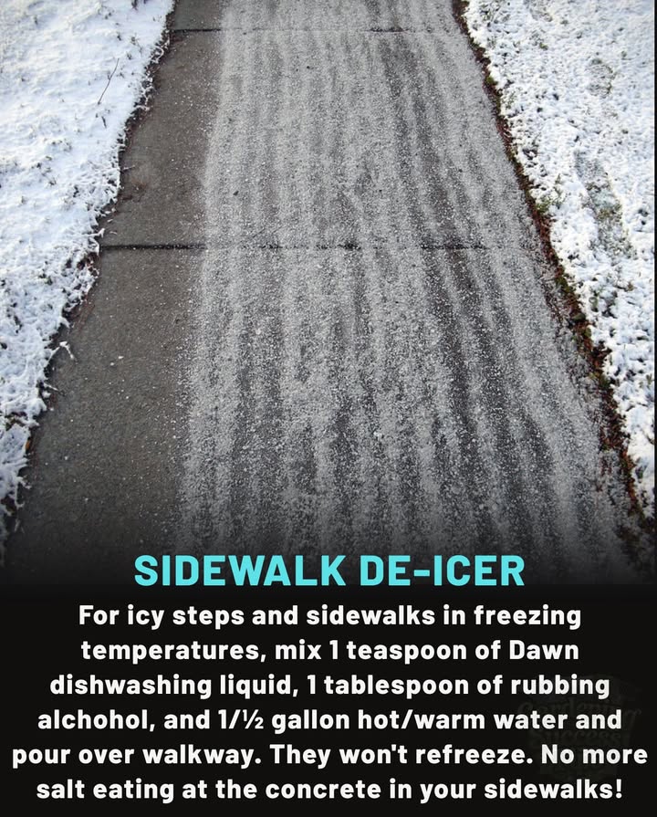 Salt can eat away at concrete and harm nearby plants  but this mix keeps paths ice-free safely.
 1 tsp dish soap like Dawn
 1 tbsp rubbing alcohol
 1 gallons hot water

– Mix, pour over icy steps or sidewalks, and let it work.
No refreeze, no damage  just safe, clear walkways all winter long. 流

 Tip: Use a garden sprayer or watering can for easy application.