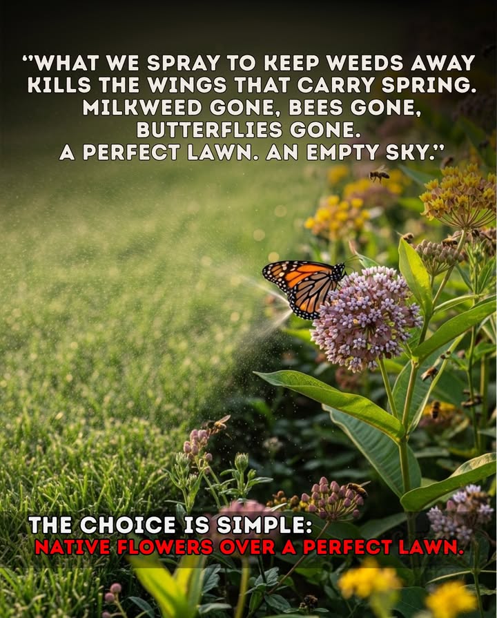 Every spray, every weed-free lawn, costs more than we see.
Pesticides and herbicides dont just kill pests  they wipe out milkweed, clover, and wildflowers that feed pollinators.
曆 How to help:
 Stop using chemical sprays.
 Plant native flowers and milkweed.
 Leave clover and dandelions  they feed life.
A few wild blooms bring back the wings. 

#PesticideFree #SaveThePollinators #NativeFlowers