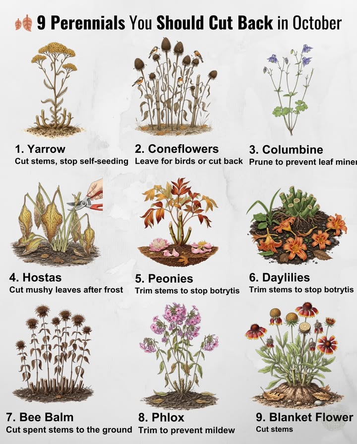 Keeping perennials tidy now helps prevent pests, diseases, and messy beds later:

 Yarrow  Cut stems to stop self-seeding.
 Coneflowers  Leave for birds or cut back.
 Columbine  Prune to prevent leaf miners.
 Hostas  Remove mushy leaves after frost.
 Peonies  Trim stems to stop botrytis.
 Daylilies  Cut back to prevent rot.
 Bee Balm  Remove spent stems at ground level.
 Phlox  Trim to prevent powdery mildew.
 Blanket Flower  Cut stems after bloom.

 Time to give them a trim  healthier growth next spring!